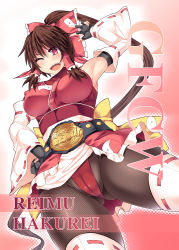 Rule 34 | 1girl, :d, ;d, adapted costume, armpits, bow, breasts, brown hair, cameltoe, championship belt, character name, covered erect nipples, crotch seam, detached sleeves, fingerless gloves, fishnet pantyhose, fishnets, from below, gloves, hair bow, hair tubes, hakurei reimu, hand on own hip, hisui (stapspats), large bow, large breasts, leotard, long hair, long sleeves, looking at viewer, low-tied long hair, microskirt, one eye closed, open mouth, pantyhose, red eyes, red leotard, ribbon-trimmed legwear, ribbon-trimmed sleeves, ribbon trim, skirt, smile, solo, thighhighs, thighhighs over pantyhose, thighs, toned, touhou, upskirt, very long hair, w, wide sleeves, wink, wrestling outfit, yin yang