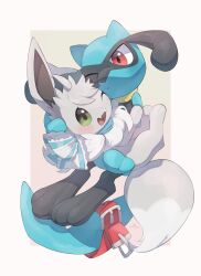 Rule 34 | absurdres, alternate color, belt, blush, border, clothed pokemon, creatures (company), eevee, game freak, gen 1 pokemon, gen 4 pokemon, highres, nintendo, no humans, nullma, one eye closed, open mouth, pokemon, pokemon (creature), red belt, riolu, shiny pokemon, simple background, white border