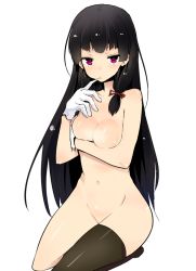 Rule 34 | 10s, 1girl, black hair, black thighhighs, blush, breasts, cleavage, covering privates, covering breasts, gloves, groin, isokaze (kancolle), kantai collection, long hair, looking at viewer, nanasuke, navel, nude, purple eyes, seiza, sidelocks, simple background, single thighhigh, sitting, solo, thighhighs, white background, white gloves