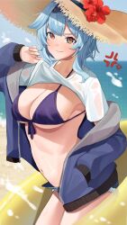 Rule 34 | 1girl, absurdres, anger vein, beach, bikini, blue hair, breasts, brown eyes, clothes lift, denim, denim shorts, eula (genshin impact), front-tie bikini top, front-tie top, frown, genshin impact, haerge, halterneck, hat, highres, inflatable toy, jacket, large breasts, shirt lift, shorts, solo, sun hat, swimsuit, underboob