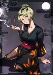 1girl asymmetrical_clothes black_kimono blonde_hair breasts detached_sleeves facial_scar fishnet_thighhighs fishnets folded_ponytail gintama highres holding holding_smoking_pipe japanese_clothes kimono kiseru large_breasts looking_at_viewer puchikun purple_eyes scar scar_on_cheek scar_on_face short_hair smoking_pipe solo thighhighs tsukuyo_(gintama)