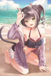 Rule 34 | 1girl, :d, absurdres, animal ear fluff, animal ears, arm support, arm up, barefoot, beach, bikini, black bikini, blurry, blurry background, breasts, cat ears, cat girl, cat tail, claw pose, cleavage, collarbone, commentary request, day, depth of field, drawstring, eyewear on head, fang, frilled bikini, frills, front-tie bikini top, front-tie top, full body, green eyes, hair between eyes, highres, horizon, huge filesize, jacket, karyl (princess connect!), karyl (summer) (princess connect!), kneeling, long sleeves, looking at viewer, medium breasts, ocean, off shoulder, open clothes, open jacket, open mouth, outdoors, ponytail, popcat (jung5u), princess connect!, purple jacket, ringlets, sand, short shorts, shorts, smile, solo, sunglasses, swimsuit, tail, v-shaped eyebrows, water, white shorts