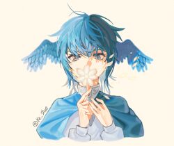 Rule 34 | 1girl, artist name, bird wings, blue capelet, blue eyes, blue hair, capelet, commentary request, covered mouth, cropped torso, falling petals, feathered wings, final fantasy, final fantasy xiv, flower, hands up, head wings, highres, holding, holding flower, ke shue, korean commentary, meteion, petals, portrait, short hair, simple background, solo, straight-on, twitter username, white background, white flower, wings