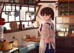 Rule 34 | 10s, 1girl, apron, brown hair, carrot, commentary request, cowboy shot, eyebrows hidden by hair, from behind, fuyube gin (huyube), highres, indoors, kaga (kancolle), kantai collection, kappougi, kitchen, looking at viewer, official style, onion, plate, side ponytail, solo, tying