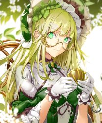 Rule 34 | 1girl, bad id, bad pixiv id, blonde hair, blurry, blurry foreground, blush, bonnet, bow, bowtie, breasts, chair, closed mouth, commentary, cup, ddaomphyo, depth of field, english commentary, glasses, gloves, green bow, green bowtie, green eyes, highres, holding, holding cup, layered sleeves, leaf, long hair, long sleeves, looking at viewer, original, semi-rimless eyewear, shirt, small breasts, smile, solo, teacup, under-rim eyewear, upper body, very long hair, water drop, white gloves, white shirt, yellow-framed eyewear