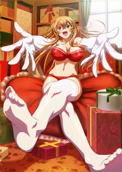 Rule 34 | 00s, 1girl, ahoge, aqua eyes, bare shoulders, blonde hair, breasts, cleavage, elbow gloves, fang, feet, female focus, gloves, ikkitousen, large breasts, long hair, looking at viewer, navel, no shoes, official art, open mouth, sitting, smile, solo, sonsaku hakufu, tagme, thighhighs, toes