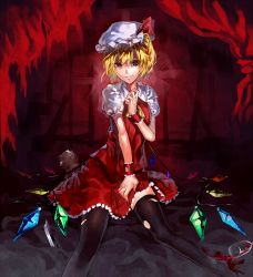 Rule 34 | 1girl, ascot, black thighhighs, blonde hair, cup, dress, drinking glass, flandre scarlet, hat, hat ribbon, highres, mob cap, puffy short sleeves, puffy sleeves, red dress, red eyes, ribbon, shirt, short sleeves, sitting, solo, spilling, stuffed animal, stuffed toy, teddy bear, thighhighs, torn clothes, torn thighhighs, touhou, u u zan, uneven eyes, wine glass, wings, wrist cuffs, zettai ryouiki