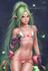 Rule 34 | 1girl, bra, bra lift, breasts, fire emblem, fire emblem awakening, flat chest, gloves, green hair, jewelry, long hair, looking at viewer, navel, necklace, nintendo, nowi (fire emblem), panties, petite, pointy ears, ponytail, prywinko, purple eyes, redrawn, revision, small breasts, solo, stomach, underboob, underwear, very long hair
