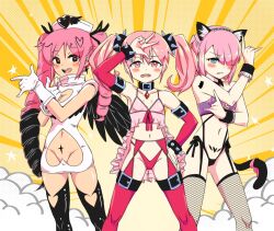 Rule 34 | 3girls, \n/, animal ear hairband, animal ears, australopitecoi, babydoll, bad tag, black eyes, black wings, blue eyes, blush, bracelet, breasts, cat ears, cat tail, character request, chiyoda momo, choker, cleavage, color connection, commentary, copyright request, crossover, dark persona, double \n/, drill hair, dust cloud, fake animal ears, fake tail, fishnet thighhighs, fishnets, garter belt, garter straps, gloves, hair color connection, hair over one eye, hairband, hanabishi haruka, hat, heart, heart-shaped pupils, highres, jewelry, long hair, machikado mazoku, magia magenta (la verita), mahou shoujo ni akogarete, medium hair, multiple girls, navel, nurse cap, open mouth, pink eyes, pink hair, pubic tattoo, revealing clothes, simple background, small breasts, smile, spanish commentary, spiked bracelet, spikes, symbol-shaped pupils, tail, tattoo, teeth, thighhighs, trait connection, tsuki ni kawatte oshioki yo, twintails, upper teeth only, v, wings, wrist cuffs