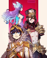 Rule 34 | 1boy, 2girls, black hair, blue eyes, blue hair, border, breasts, brighid (xenoblade), closed eyes, closed mouth, commentary, english commentary, epaulettes, fiery hair, gloves, gold trim, gradient background, gzei, hair between eyes, hand on own chest, highres, large breasts, letterboxed, long hair, looking at viewer, morag ladair (xenoblade), multicolored hair, multiple girls, niall ardanach, outside border, purple hair, red background, simple background, single epaulette, smile, teeth, tiara, two-tone hair, white border, white gloves, xenoblade chronicles (series), xenoblade chronicles 2