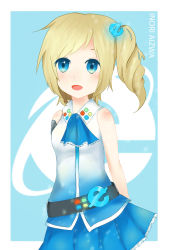 Rule 34 | 1girl, :d, aizawa inori, arms behind back, bare shoulders, belt, blue dress, blue eyes, blush, brown hair, buckle, character name, collar, commentary, ascot, dress, glowing, hair ornament, hairpin, highres, himitsu chan (neko mikuu), internet explorer, looking at viewer, open mouth, os-tan, short hair, side ponytail, skirt, sleeveless, sleeveless dress, smile, solo