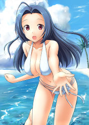 Rule 34 | 00s, 1girl, ahoge, beach, bikini, blue hair, breasts, cleavage, day, idolmaster, idolmaster (classic), large breasts, long hair, miura azusa, ocean, open mouth, outdoors, outstretched hand, red eyes, solo, swimsuit, takayaki, water, white bikini