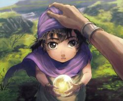Rule 34 | black hair, bracer, brown eyes, cape, child, dragon quest, dragon quest v, father and son, glowing, hat, headpat, hemeru, hero (dq5), highres, holding orb, long hair, looking up, orb, outdoors