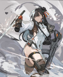 Rule 34 | 1girl, armor, assault rifle, asymmetrical legwear, black hair, black thighhighs, breasts, china dress, chinese clothes, chinese commentary, commentary request, cowboy shot, dress, earpiece, girls&#039; frontline, girls&#039; frontline 2: exilium, gun, hair ornament, highres, holding, holding gun, holding sword, holding weapon, id card, long hair, looking to the side, mai (xskdizzy), medium breasts, parted lips, pauldrons, qbz-191, qbz-191 (girls&#039; frontline), red eyes, rifle, short dress, shoulder armor, single pauldron, smile, solo, sword, thigh strap, thighhighs, uneven legwear, weapon, white dress