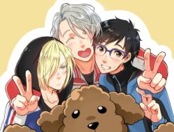 3boys black_hair blonde_hair blush brown_eyes dog double_v glasses green_eyes grey_hair heart-shaped_mouth hood hoodie katsuki_yuuri makkachin male_focus monotsuki multiple_boys smile track_suit v viktor_nikiforov yuri!!!_on_ice yuri_plisetsky