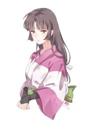 Rule 34 | 1girl, artist name, black gloves, blush, breasts, brown eyes, brown hair, closed mouth, collarbone, commentary, commentary request, cropped torso, dated, eyeliner, fingerless gloves, gloves, highres, inuyasha, japanese clothes, kimono, long hair, low-tied long hair, makeup, own hands together, parted bangs, pixiv13573939, sango (inuyasha), simple background, solo, symbol-only commentary, upper body, white background, wide sleeves