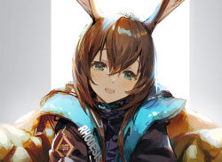 Rule 34 | 1girl, amiya (arknights), animal ears, anklet, arknights, armchair, black jacket, blue eyes, blue neckwear, blue skirt, blush, brown hair, brown legwear, chair, clothes writing, glowing, grey background, hair between eyes, hands on own knees, head tilt, jacket, jewelry, kawaguchi (mojacome), long hair, looking at viewer, open mouth, pouch, rabbit ears, shoe dangle, shoes, simple background, sitting, skirt, sleeves past wrists, smile, solo