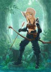 Rule 34 | 1girl, aokura, arm belt, arm garter, arrow (projectile), bad id, bad pixiv id, blonde hair, blue eyes, boots, bow (weapon), bug, butterfly, collarbone, elbow gloves, fur hat, gloves, green theme, hat, bug, long hair, looking at viewer, nature, navel, original, pants, plant, quiver, rock, solo, strap, stream, tree, water, weapon