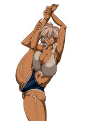 Rule 34 | 1girl, ass, bare shoulders, blazblue, breasts, bullet (blazblue), cleavage, dark-skinned female, dark skin, gluteal fold, highres, huge breasts, micro shorts, saki chan san, scar, scar on face, short hair, shorts, sleeveless, standing, standing on one leg, white background, white hair