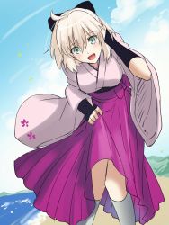 Rule 34 | 1girl, ahoge, aono shimo, bad id, bad twitter id, beach, blonde hair, blue eyes, blush, bow, clothes lift, day, fate/grand order, fate (series), fingerless gloves, gloves, hair between eyes, hair bow, hakama, hakama skirt, hand in own hair, highres, japanese clothes, kimono, koha-ace, leaning forward, looking at viewer, meiji schoolgirl uniform, ocean, okita souji (fate), okita souji (koha-ace), short hair, skirt, skirt lift, smile, solo