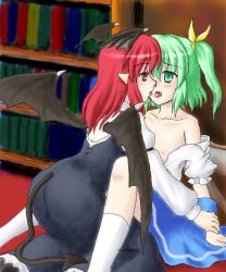 Rule 34 | 2girls, after kiss, bare shoulders, blush, book, bookshelf, daiyousei, embodiment of scarlet devil, eye contact, female focus, flat chest, french kiss, green eyes, green hair, holding another&#039;s wrist, indoors, kiss, kneeling, koakuma, long hair, looking at another, multiple girls, nipples, no bra, off shoulder, open clothes, open shirt, pointy ears, ponytail, red eyes, red hair, saliva, saliva trail, shirt, side ponytail, sitting, socks, tail, tongue, touhou, wings, yuri