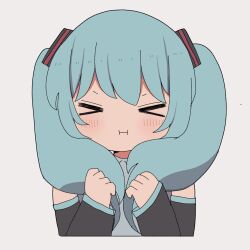 Rule 34 | &gt; &lt;, 1girl, blush, closed eyes, cropped torso, detached sleeves, facing viewer, green hair, grey background, hair ornament, hands up, hatsune miku, highres, holding own hair, long hair, long sleeves, nekokawaii milk, simple background, solo, twintails, vocaloid