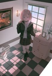 Rule 34 | 1girl, absurdres, black choker, black footwear, black socks, book, braid, cabinet, candle, checkered floor, choker, collared jacket, curtains, dot nose, drawer, empty picture frame, flower, frown, full body, hair ornament, hairclip, highres, indoors, jacket, kyano (kyanora3141), light particles, long sleeves, looking at viewer, open clothes, open jacket, open mouth, original, painting (object), picture frame, pile of books, pink hair, pink nails, plaid, plaid skirt, purple eyes, rabbit hair ornament, shirt, single braid, skirt, socks, solo, standing, unzipped, vase, white shirt, window, x hair ornament, zipper pull tab