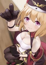 Rule 34 | 1girl, absurdres, arm strap, azur lane, bare shoulders, black gloves, black straps, blonde hair, blush, breasts, chocolate, cleavage, cleavage cutout, clothing cutout, covered erect nipples, cross, dress, food, from above, full body, gloves, hair between eyes, hand up, hat, highres, holding, holding chocolate, holding food, incoming food, iron cross, kotto-koto, legs together, leipzig (azur lane), looking at viewer, looking up, medium breasts, medium hair, nervous smile, no bra, pink eyes, sitting, sleeveless, sleeveless dress, smile, solo, thighhighs