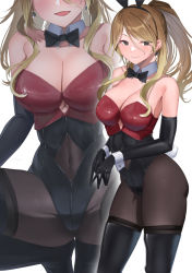 Rule 34 | 1girl, bare shoulders, black bow, black bowtie, black eyes, black gloves, black leotard, black pantyhose, black thighhighs, blonde hair, blush, boots, bow, bowtie, breasts, cleavage, closed mouth, commentary request, covered navel, detached collar, elbow gloves, gloves, hair between eyes, idolmaster, idolmaster shiny colors, izumi mei, large breasts, leotard, long hair, pantyhose, parted lips, playboy bunny, ponytail, shougun (chuckni1), simple background, smile, squatting, thigh boots, thighband pantyhose, thighhighs, thighs, white background