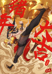 Rule 34 | 1girl, absurdres, black eyes, black gloves, black hair, black leotard, blonde hair, boots, bow (weapon), china dress, chinese clothes, citemer, crossbow, dress, eyeshadow, firecracker vayne, glasses, gloves, gold, gold footwear, gold trim, high heels, highres, kicking, knee boots, league of legends, leotard, looking over eyewear, looking over glasses, makeup, multicolored hair, orange-tinted eyewear, orange-tinted glasses, pantyhose, pig, ponytail, red lips, signature, smoke, solo, sunglasses, tight clothes, tinted eyewear, tongue, tongue out, vayne (league of legends), weapon
