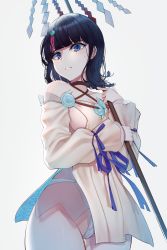 Rule 34 | 1girl, bare shoulders, black hair, blue eyes, blue ribbon, breasts, closed mouth, collarbone, dress, fate/grand order, fate/requiem, fate (series), fundoshi, highres, japanese clothes, jewelry, kana giri, large breasts, long sleeves, looking at viewer, magatama, magatama hair ornament, medium hair, multicolored hair, necklace, pelvic curtain, pink hair, polearm, puffy long sleeves, puffy sleeves, ribbon, seigaiha, short dress, sideboob, sideless outfit, spear, streaked hair, thighs, utsumi erice, weapon, white dress