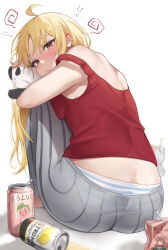 Rule 34 | 1girl, absurdres, ahoge, alcohol, ass, back, bare shoulders, beer, blonde hair, blush, bocchi the rock!, bow, breast press, breasts, brown eyes, butt crack, can, drink, drunk, ear blush, highres, ijichi seika, juice box, knees to chest, long hair, looking at viewer, looking back, medium breasts, panties, red bow, red shirt, school uniform, shirt, side ponytail, solo, squeans, striped clothes, striped panties, stuffed animal, stuffed panda, stuffed toy, sweat, underwear, unnunal (unneonal), white shirt