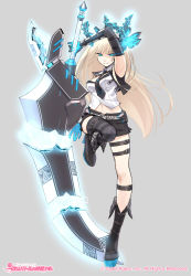Rule 34 | 1girl, absurdres, armpits, asymmetrical legwear, black necktie, black shorts, blonde hair, blue eyes, blue nails, character request, elbow gloves, full body, gloves, grey background, highres, holding, holding sword, holding weapon, huge weapon, leg up, long hair, looking at viewer, midriff, nail polish, navel, necktie, sensei! tsugi wa battle no jikan desu., shirt, short shorts, shorts, simple background, smile, solo, striped clothes, striped thighhighs, sword, thighhighs, uneven legwear, weapon, white shirt, yuranpo