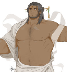 Rule 34 | 1boy, artist name, bara, beard, biceps, black eyes, black hair, dark-skinned male, dark skin, facial hair, gem on head, gomtang, jewelry, large pectorals, long hair, looking to the side, male focus, manly, mature male, muscular, muscular male, navel, navel hair, no shirt, original, outstretched arms, pectorals, signature, smile, solo, spread arms, thick arms, thick eyebrows, toga, upper body
