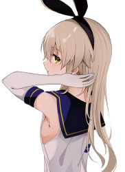 Rule 34 | 1girl, absurdres, black hairband, blonde hair, elbow gloves, fathom, gloves, hairband, highres, kantai collection, long hair, looking at another, looking at viewer, shimakaze (kancolle), simple background, solo, upper body, white background, white gloves, yellow eyes