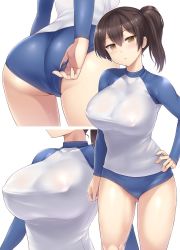 Rule 34 | 10s, 1girl, :o, adjusting buruma, adjusting clothes, alternate costume, ass, bikini, bikini bottom only, black hair, blush, breasts, brown eyes, buruma, clothes pull, covered erect nipples, cowboy shot, gluteal fold, hand on own hip, impossible clothes, kaga (kancolle), kantai collection, large breasts, leotard, long sleeves, looking at viewer, multiple views, no bra, pulled by self, sama samasa, see-through, see-through silhouette, side ponytail, sweat, swimsuit