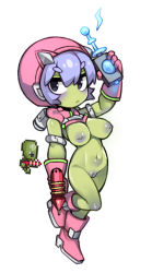 Rule 34 | 1girl, alien, arm up, black eyes, boots, breasts, cleft of venus, colored nipples, colored skin, creature and personification, energy gun, full body, gloves, green skin, gun, hair between eyes, holding, holding gun, holding weapon, inverted nipples, knee boots, large breasts, leg up, navel, nipples, no nose, nyong nyong, personification, pink footwear, pink gloves, purple hair, purple nipples, purple pussy, pussy, ray gun, reference inset, scutlix gunner (terraria), short hair, simple background, solo, terraria, uncensored, weapon, white background