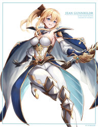 Rule 34 | 1girl, :d, absurdres, adapted costume, alternate costume, arm guards, armpits, artist name, bare shoulders, blonde hair, blue cape, blue eyes, bow, breasts, cape, character name, cleavage, commentary, cross, cross earrings, detached collar, detached sleeves, earrings, english commentary, genshin impact, grin, hair bow, hair ribbon, highres, holding, holding sword, holding weapon, ichi10art, jean (genshin impact), jewelry, knee guards, long hair, looking at viewer, medium breasts, off shoulder, open mouth, pants, ponytail, ribbon, sidelocks, simple background, smile, solo, standing, standing on one leg, sword, weapon, white background, white pants