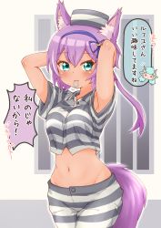 Rule 34 | 2girls, animal ears, blush, breasts, delmin (show by rock!!), green eyes, groin, highres, large breasts, midriff, multiple girls, navel, prison clothes, purple hair, ruhuyu (show by rock!!), show by rock!!, speech bubble, tail, translation request, wolf ears, wolf girl, wolf tail