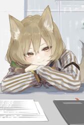 Rule 34 | 1girl, animal ear fluff, animal ears, arknights, beanstalk (arknights), brown eyes, brown hair, choker, closed mouth, commentary request, crossed arms, folder, green ribbon, hair between eyes, head rest, highres, hyena ears, hyena girl, hyena tail, indoors, infection monitor (arknights), k-yosinori, long hair, long sleeves, looking at viewer, paper, red eyes, ribbon, shirt, solo, striped clothes, striped shirt, tail, upper body