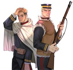 Rule 34 | 2boys, arisaka, blue jacket, blue pants, blush, bolt action, buttons, cape, collared jacket, cosplay, facial hair, feet out of frame, golden kamuy, gun, hair slicked back, hand in own hair, hat, highres, holding, holding gun, holding weapon, hood, hooded cape, imperial japanese army, jacket, kepi, kyojinjoa, long sleeves, looking at viewer, male focus, military, military hat, military uniform, multiple boys, ogata hyakunosuke, ogata hyakunosuke (cosplay), pants, pectorals, porco galliard, reiner braun, rifle, shingeki no kyojin, short hair, stubble, tanigaki genjirou, tanigaki genjirou (cosplay), undercut, uniform, weapon, white cape