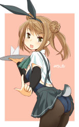 Rule 34 | 10s, 1girl, :d, adapted costume, animal ears, ass, black pantyhose, blush, brown hair, clothes lift, cowboy shot, detached sleeves, double bun, eyebrows, fake animal ears, from side, hair bun, hairband, handkerchief, highres, holding, holding tray, index finger raised, kantai collection, leotard, long hair, looking at viewer, michishio (kancolle), miniskirt, open mouth, pantyhose, playboy bunny, pleated skirt, rabbit ears, rabbit tail, retsumaru, shirt, short sleeves, skirt, skirt lift, smile, solo, suspender skirt, suspenders, tail, tray, twintails, white shirt, yellow eyes