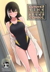 Rule 34 | 1girl, black hair, black one-piece swimsuit, breasts, collared shirt, competition swimsuit, cover, dress shirt, feet out of frame, girls&#039; frontline, gotoo, heterochromia, highres, long hair, medium breasts, multicolored hair, one-piece swimsuit, open clothes, open shirt, red eyes, ro635 (girls&#039; frontline), shirt, solo, standing, streaked hair, swimsuit, two-tone swimsuit, white shirt, yellow eyes