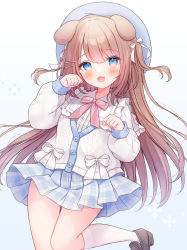 Rule 34 | 1girl, animal ears, beret, blue background, blue eyes, blue hat, blue skirt, blush, bow, brown footwear, brown hair, center frills, commentary request, dog ears, frills, gradient background, hair between eyes, hair ornament, hairclip, hands up, hat, highres, jacket, kneehighs, loafers, long hair, long sleeves, omochi monaka, original, paw pose, pink bow, plaid, plaid skirt, pleated skirt, puffy long sleeves, puffy sleeves, shirt, shoes, skirt, socks, solo, thighs, two side up, very long hair, white background, white jacket, white shirt, white socks