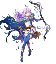 Rule 34 | 1girl, aqua eyes, armor, arrow (projectile), belt, blue cape, blue footwear, blue gloves, boots, bow (weapon), breastplate, broken armor, cape, chachie, dress, elbow gloves, feathers, fingerless gloves, fire emblem, fire emblem: the blazing blade, fire emblem heroes, florina (fire emblem), full body, gloves, hair ornament, headband, highres, holding, holding bow (weapon), holding weapon, long hair, looking at viewer, looking away, nintendo, non-web source, official art, one eye closed, open mouth, purple hair, quiver, short dress, shoulder armor, skirt, smile, solo, standing, thigh boots, thighhighs, torn cape, torn clothes, torn footwear, transparent background, weapon, white dress, zettai ryouiki