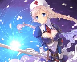 Rule 34 | 1girl, armor, blonde hair, blue eyes, braid, breasts, cell (card game), cleavage, cleavage cutout, clothing cutout, elbow pads, fighting stance, gauntlets, hat, holding, holding sword, holding weapon, lactocbacillus, long hair, looking at viewer, medium breasts, monikon13, nurse cap, personification, shoulder armor, solo, standing, sword, very long hair, weapon, wrist cuffs