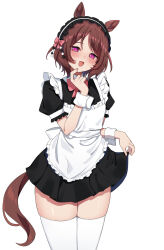 Rule 34 | 1girl, alternate costume, animal ears, black dress, bow, bowtie, brown hair, clothes lift, commentary request, cowboy shot, dress, dress lift, enmaided, flower-shaped pupils, highres, horse ears, horse girl, horse tail, kaoru (h8qm9), lifting own clothes, maid, maid headdress, open mouth, pink bow, pink bowtie, pink eyes, puffy short sleeves, puffy sleeves, sakura laurel (umamusume), short hair, short sleeves, simple background, smile, solo, symbol-shaped pupils, tail, thighhighs, umamusume, white background, white thighhighs, wrist cuffs