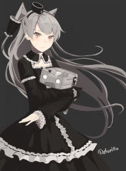 Rule 34 | 10s, 1girl, alternate costume, amatsukaze (kancolle), artist name, bad id, bad pixiv id, black background, brown eyes, chuunibyou, commentary request, gothic lolita, grey hair, hair tubes, hat, highres, kantai collection, lolita fashion, long hair, long sleeves, looking at viewer, mini hat, rensouhou-kun, retorillo, two side up, very long hair