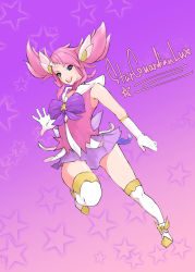 Rule 34 | 1girl, alternate costume, alternate hair color, ankle wings, blue eyes, boots, bow, choker, commentary request, elbow gloves, full body, gloves, gradient background, highres, league of legends, lipstick, lux (league of legends), magical girl, makeup, open mouth, pink hair, sailor collar, shima (akkirasetsu op), smile, solo, star-shaped pupils, star (symbol), star guardian (league of legends), star guardian lux, symbol-shaped pupils, thigh boots, thighhighs, tiara, white gloves, white thighhighs, wings