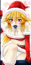 Rule 34 | 1girl, atchy, blonde hair, breasts, christmas, cleavage, condom, condom in mouth, elbow gloves, gloves, hat, heart, heart-shaped pupils, highres, large breasts, long hair, mouth hold, original, panties, red eyes, red gloves, santa hat, solo, symbol-shaped pupils, underwear, white panties